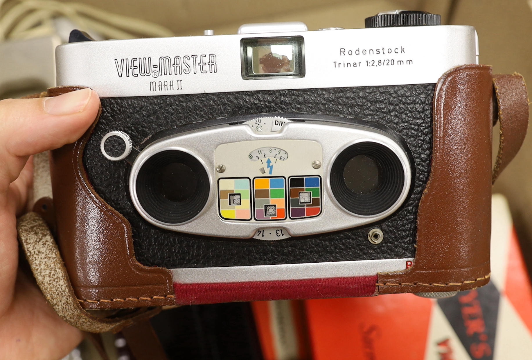 A View-Master Personal stereo camera and a View-Master Mark II stereo camera with Rodenstock lens, leather case, instructions and box, together with a film cutter